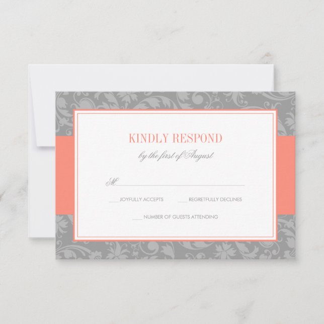 RSVP de matrimonio de damasco de coral y gris (Anverso)