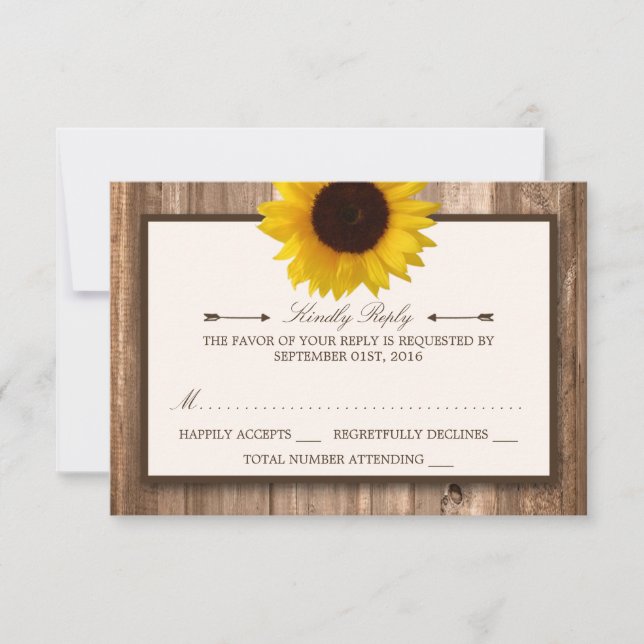 RSVP de matrimonio Rústico de girasol y madera mar (Anverso)