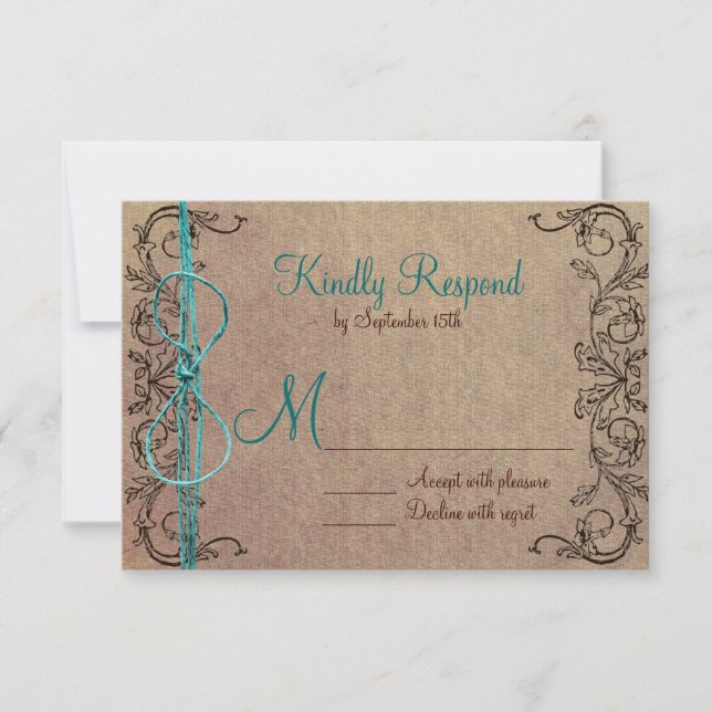 RSVP de matrimonio Verde azulado marrón vintage en (Anverso)