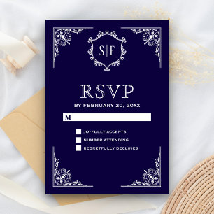 RSVP de Monograma Ornamentado Azul Medianoche