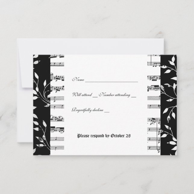 Rsvp de música Mozart en blanco y negro con sobre (Anverso)
