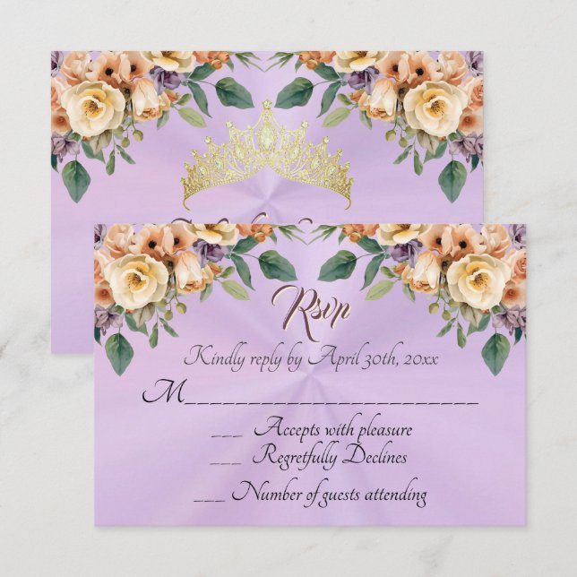 RSVP de Quinceañera floral sobre lavanda (Anverso / Reverso)
