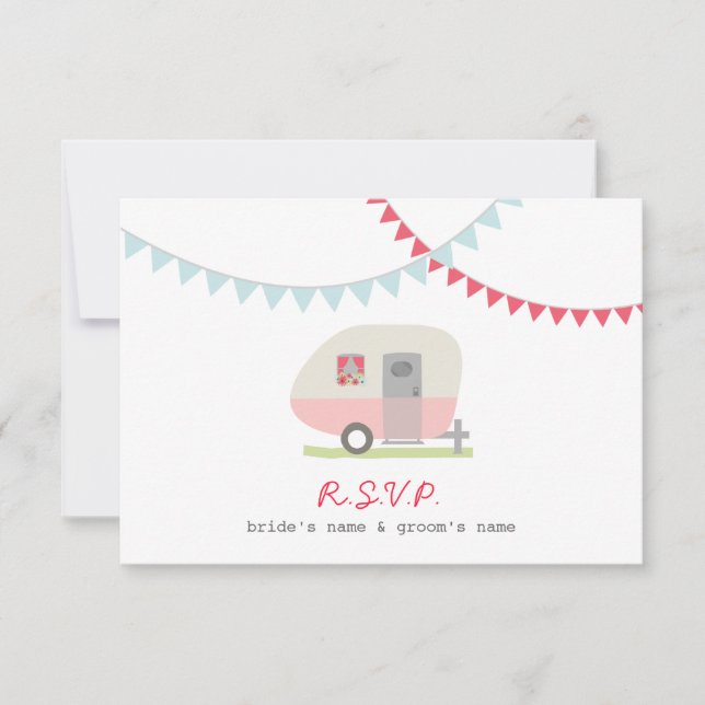 RSVP de remolque y boda de Bunting Retro Rosado (Anverso)
