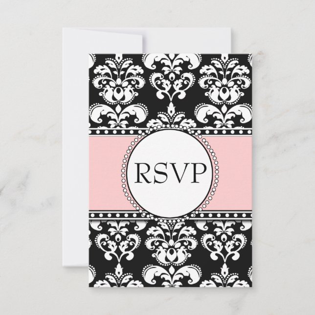 RSVP de seda rosa suave Damask negro para invitaci (Anverso)