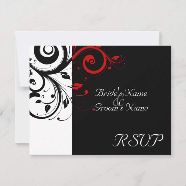 RSVP del Boda de Swirl rojo negro + blanco (Anverso)