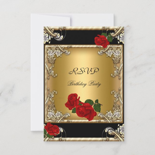 RSVP Elegante 50 cumpleaños Rosa Roja de Oro Negro (Anverso)