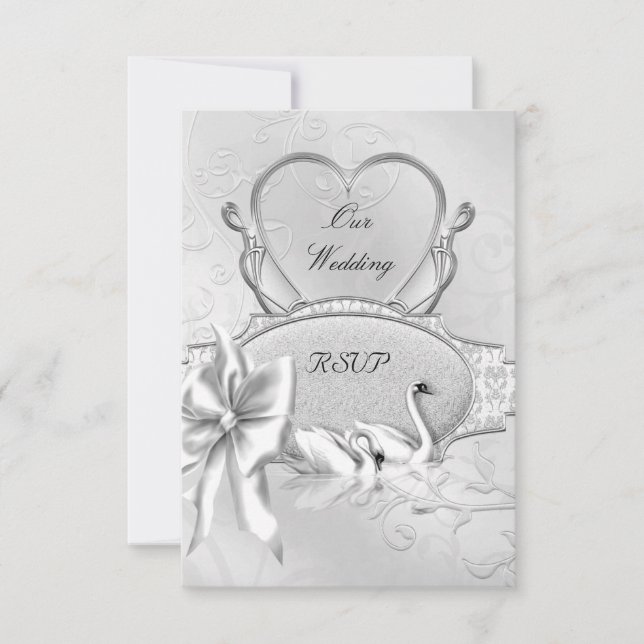 RSVP Elegante Boda Cisnes Plateados Corazón Lazada (Anverso)