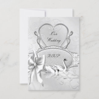 RSVP Elegante Boda Cisnes Plateados Corazón Lazo