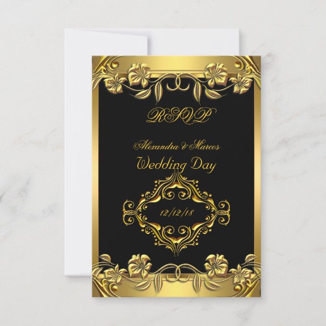 RSVP Elegante Boda Ornate Floral Oro Negro (Anverso)
