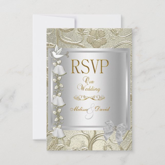 RSVP Elegante Boda Oro Plata Blanco Paloma Damasco (Anverso)