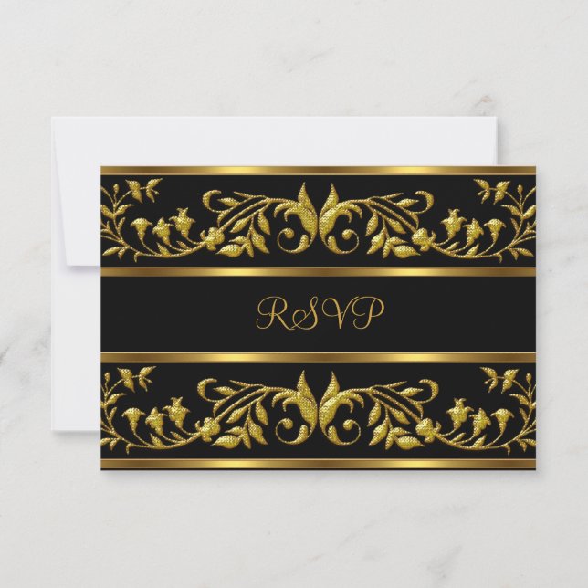 RSVP Elegante Cumpleaños con Flores Negras y Dorad (Anverso)