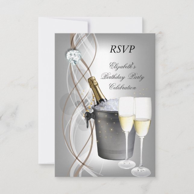 RSVP Elegante Cumpleaños Fiesta Champán Plata Oro (Anverso)