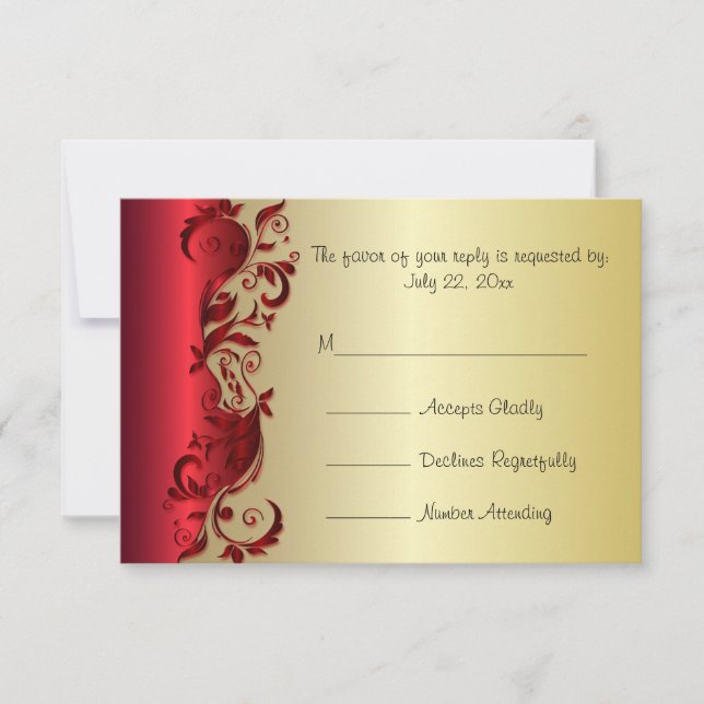 RSVP Elegante Red & Gold Diseño Boda Florid (Anverso)