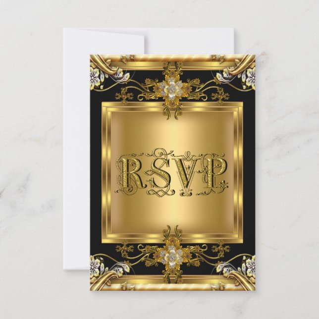 RSVP Engagement Elegant Gold Floral Jewel Negro 2 (Anverso)
