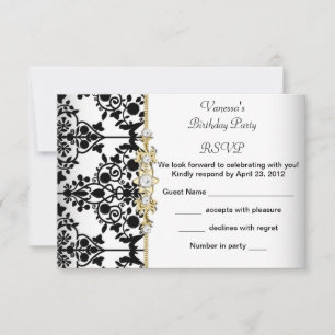 RSVP Fiesta de Cumpleaños Damask Dorado Negro Blan