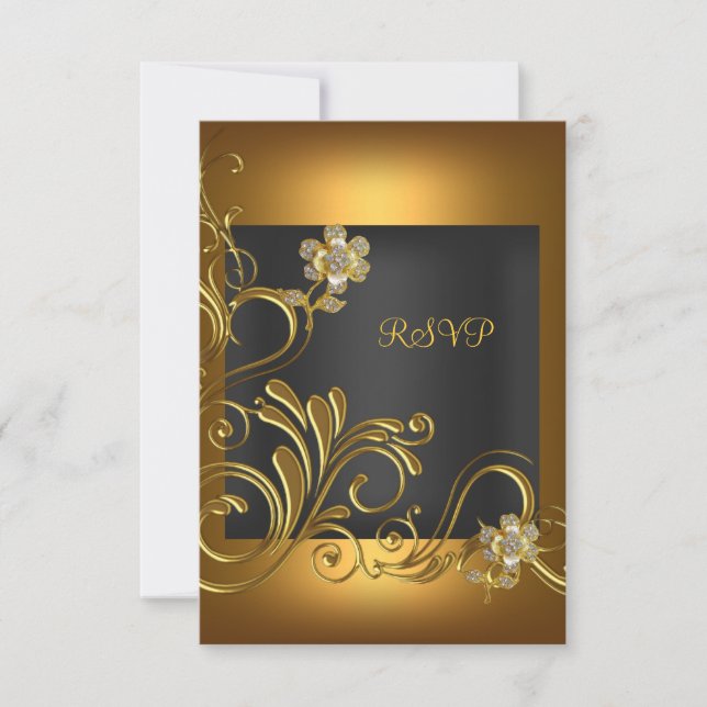 RSVP Fiesta de Cumpleaños Elegante Flor Negra Dora (Anverso)