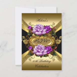RSVP Fiesta de Cumpleaños Rosas Púrpura Dorado Neg