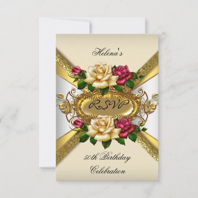 RSVP Fiesta de Cumpleaños Rosas Rojo Crema Dorado  (Anverso)