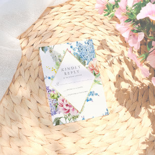 RSVP Flor de acuarela azul y púrpura con oro