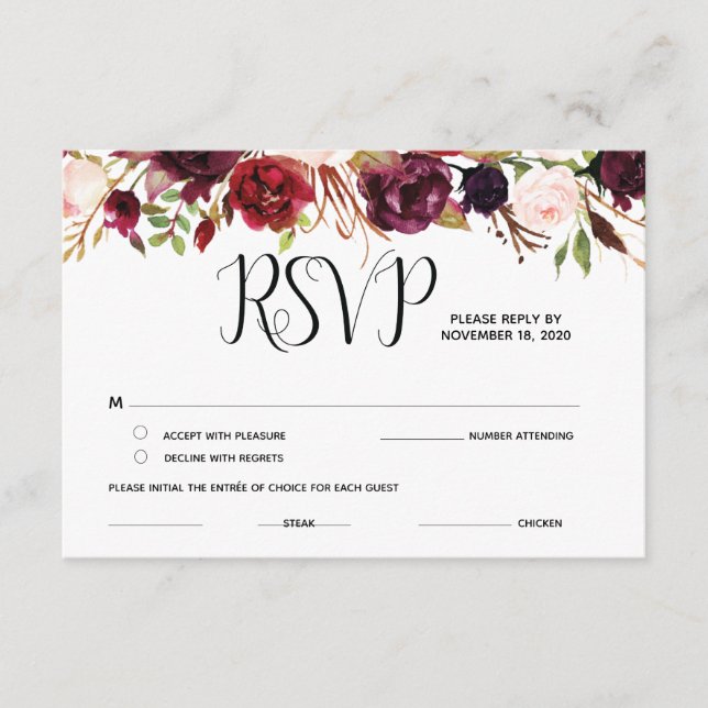 RSVP floral de Borgoña, Respuesta, Tarjetas de res (Anverso)