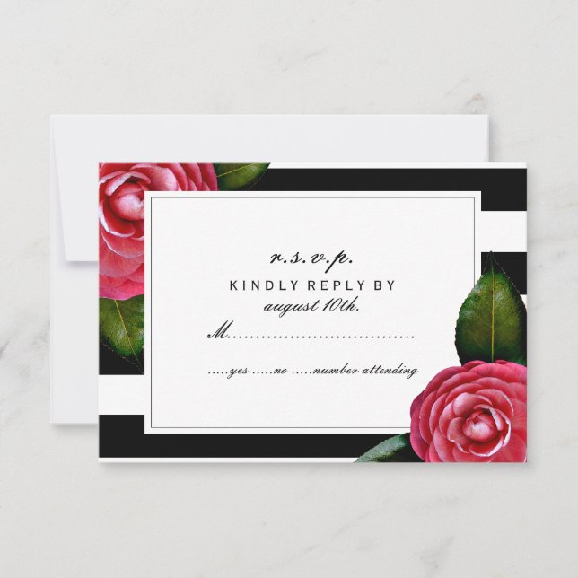RSVP floral de rosas rosadas negro + franja blanca (Anverso)