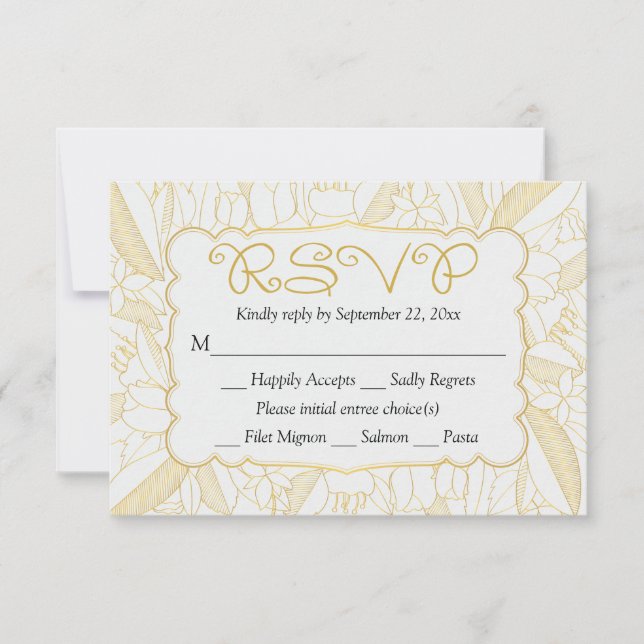 RSVP Floral Gold & White Leaves & Flores - Menú (Anverso)