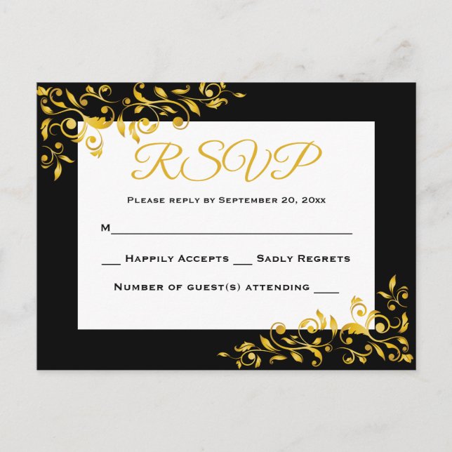 RSVP Gold & Black Floral Swirl Response - Sin menú (Anverso)
