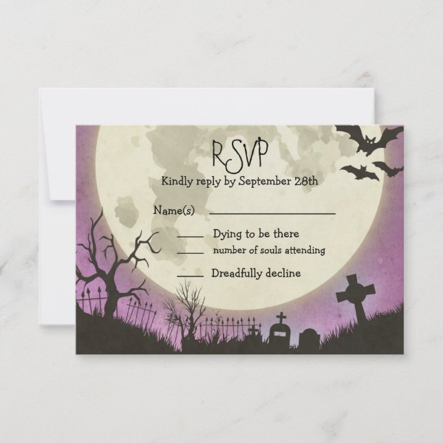 RSVP Halloween boda en morado con luna (Anverso)