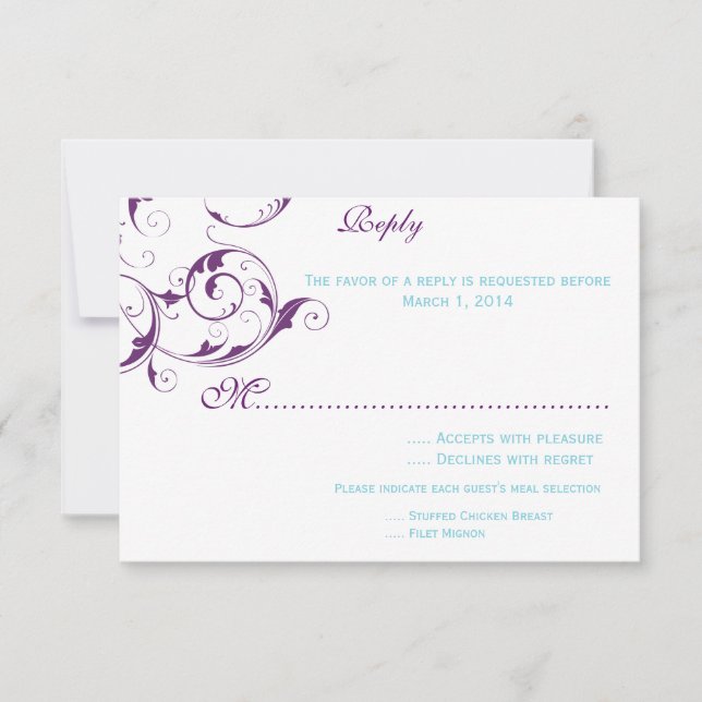 rsvp invitación de boda morado y azul (Anverso)