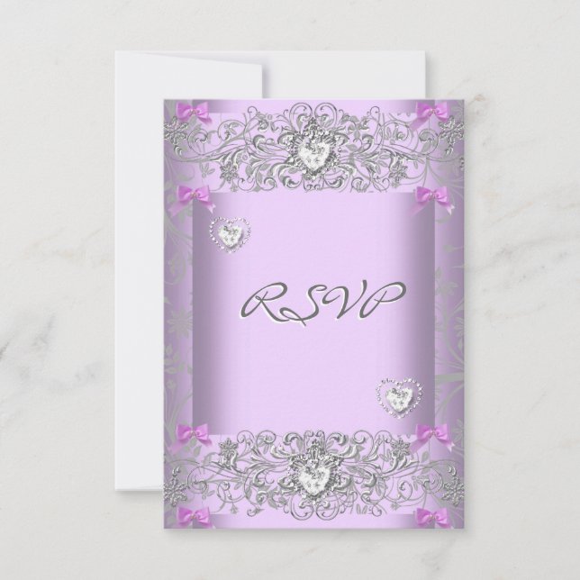 RSVP Lila Damasco Boda Corazones de Diamante Blanc (Anverso)