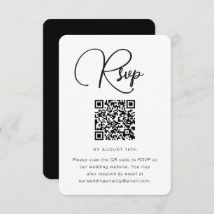 RSVP moderna de boda blanca y negra con código QR