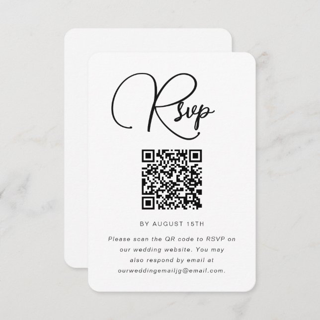RSVP moderna de boda blanca y negra con código QR (Anverso / Reverso)