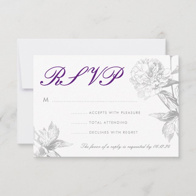 RSVP Moderno Boda Plata Plata Floral Púrpura (Anverso)
