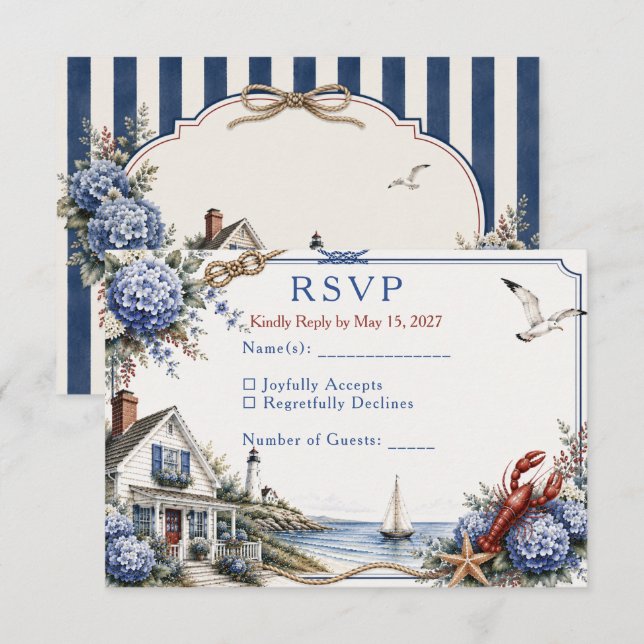 RSVP para Boda de Cabaña de Hortensias en Cabo Cod (Anverso / Reverso)