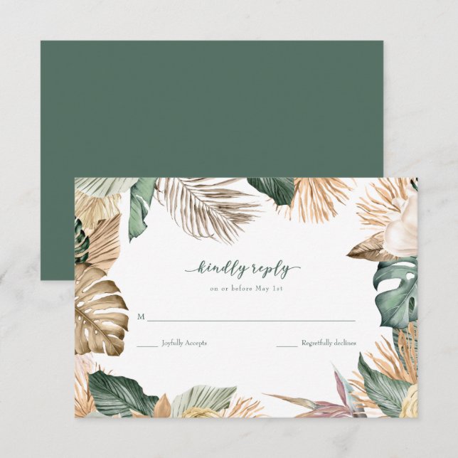 RSVP para Boda de Playa con Hoja Tropical (Anverso / Reverso)