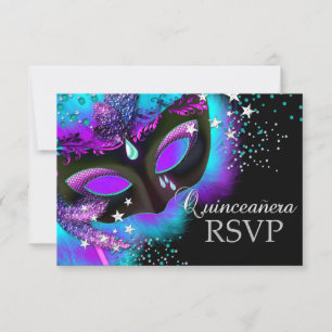 RSVP para Quinceañera de Máscara Morado y Turquesa