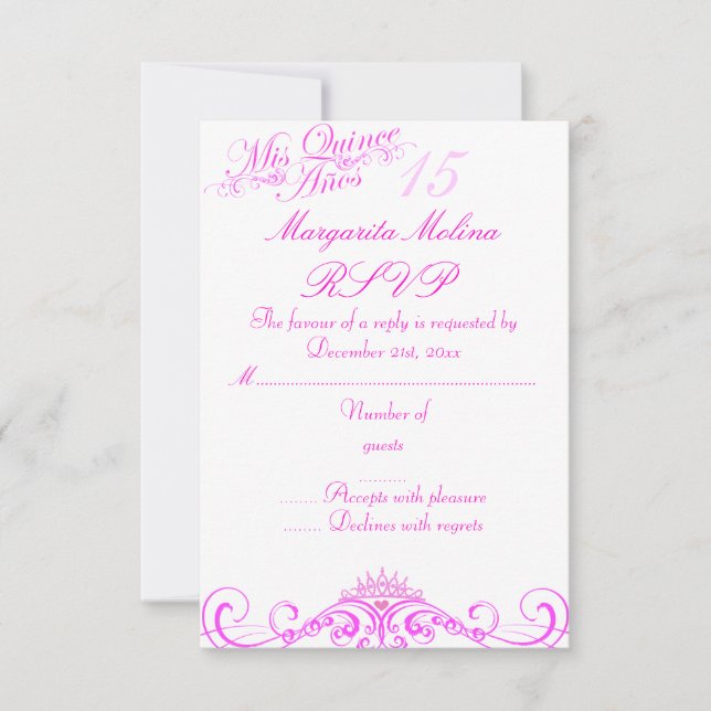 RSVP para Tiara de Princesa Rosa Quinceañera (Anverso)