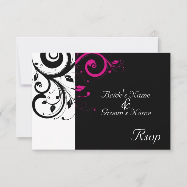 RSVP pequeña de Boda de Swirl Magenta negro/blanco (Anverso)