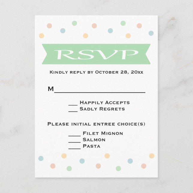 RSVP Polka Dot Mint Green & White Boda - Menú (Anverso)