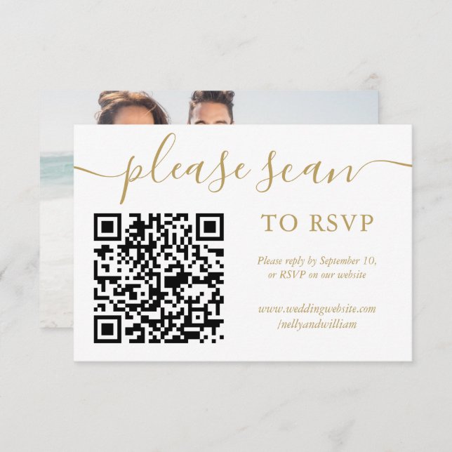 RSVP QR Code Simple Gold Script Photo (Anverso / Reverso)
