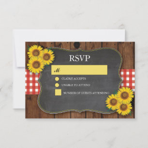RSVP que casa el girasol rojo rústico de madera