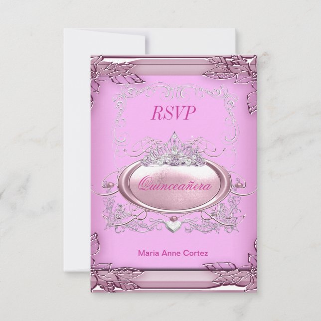 RSVP Quinceañera 15 cumpleaños Plata blanca rosada (Anverso)