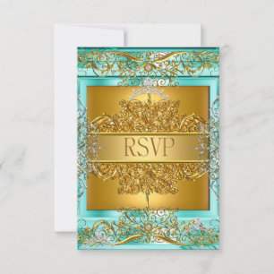 RSVP Quinceañera 15th Birthday Gold Verde azulado