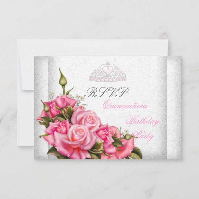 RSVP Quinceanera Bonito rosas rosas blancas 15 (Anverso)