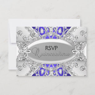 RSVP Quinceañera Damasco de Diamante Plateado y Az