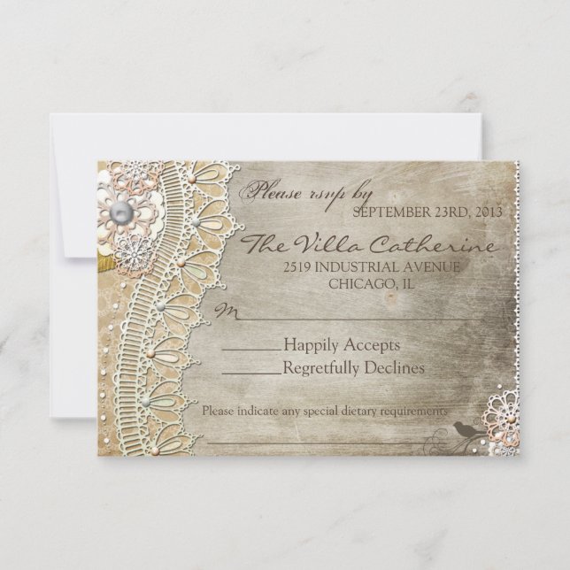RSVP Recepción de Boda con Encaje Rústico Deterior (Anverso)