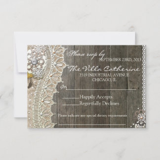 RSVP Recepción de Boda Floral de Madera con Encaje