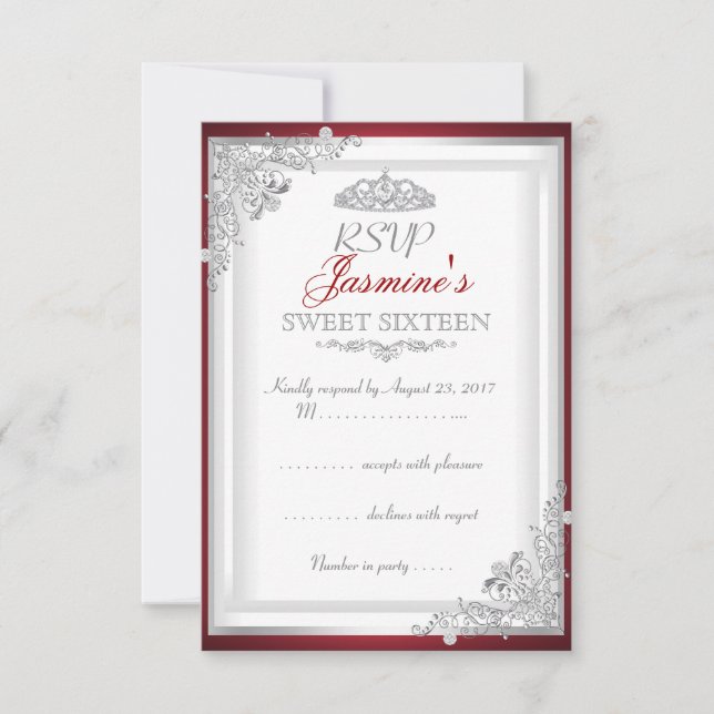 RSVP Red Silver Damask Tiara Dulces 16 (Anverso)