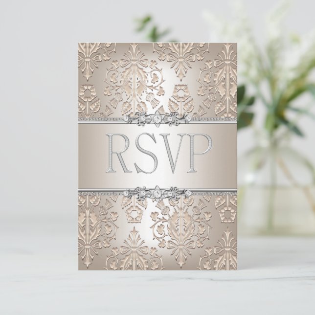 RSVP Reply Elegant Damask Cream Silver Floral (Anverso de pie)