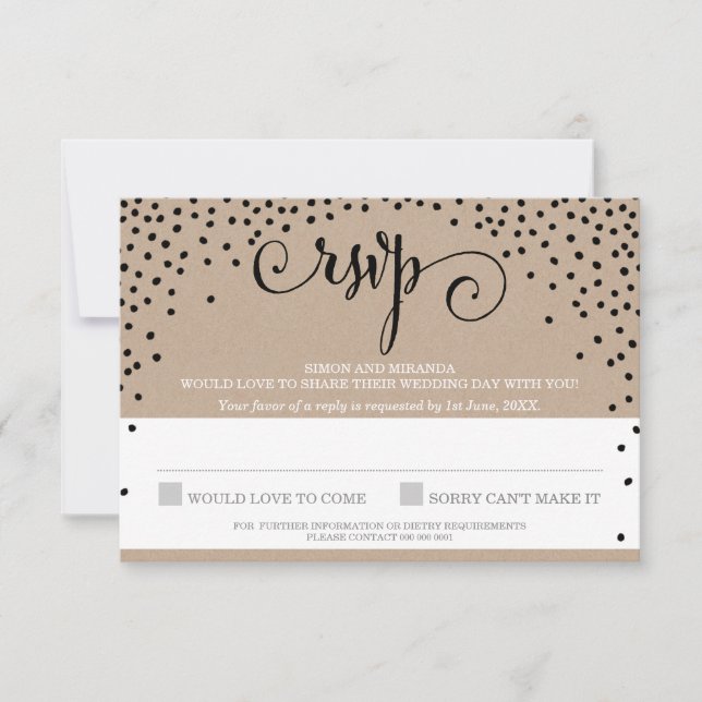 RSVP REPLY elegante confeti negro rústico (Anverso)